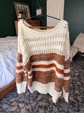 SHEIN Cream, Rust & Brown Striped Open-Knit Scoop Neck Sweater